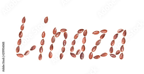 The spanish word Linaza written with flax seed or linseed letters and isolated on white