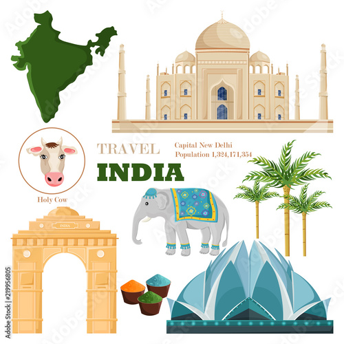 India main attractions and symbols set Vector