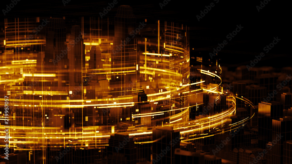 3d render abstract city background with bright digital patterns. Complex detailed technology concept.