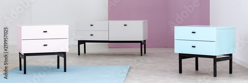 Panorama of pastel cabinets in minimal colorful living room interior with rug. Real photo