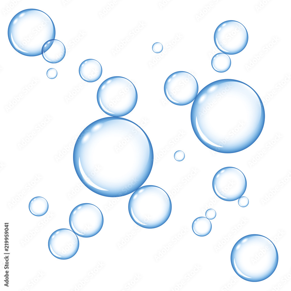 bright blue soap bubbles on white background - obrazy, fototapety, plakaty 