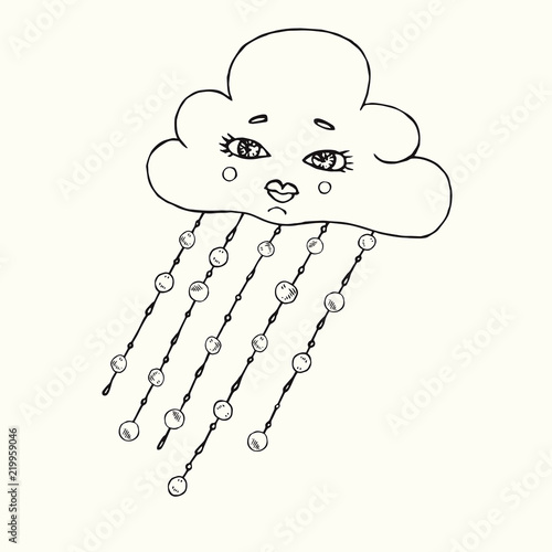 Cloud with funny face and falling frozen hail , hand drawn doodle, sketch isolated vector outline black and white illustration