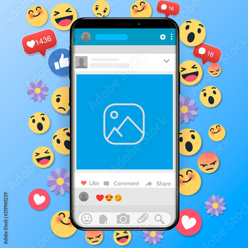 Emoji happy smiley design with mobile phone. 3d emotion concept illustration background.