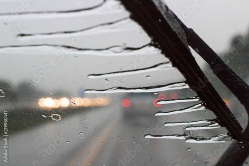 Rain wiped away on a car windshield