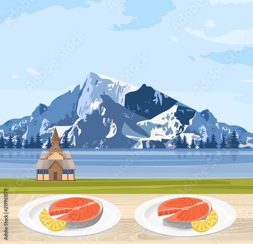 Salmon food Norway national cuisine and mountains landscape Vector