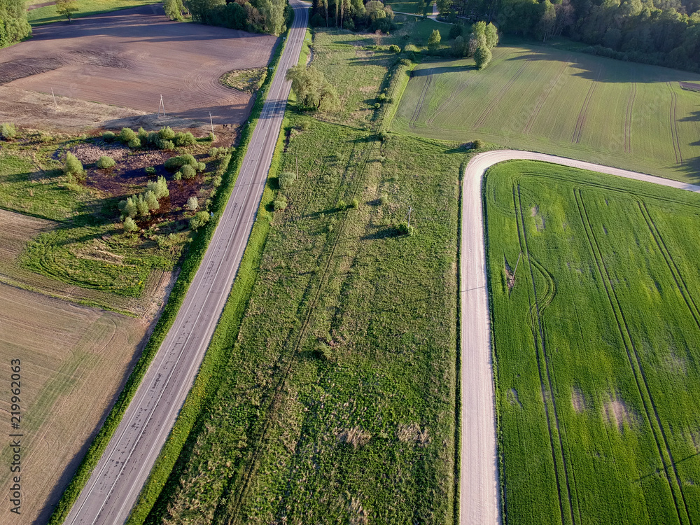 countryside landscape with two roads, aerial view