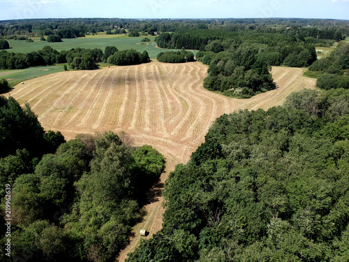 Harvested meadow panorama with drying hay grass, aerial