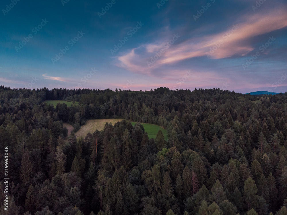 Sunset over woodlan, aerial drone view