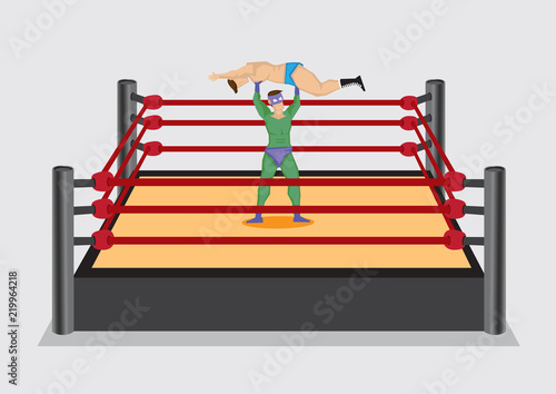Wrestler Lifts Up Opponent in Wrestling Ring Vector Cartoon Illustration