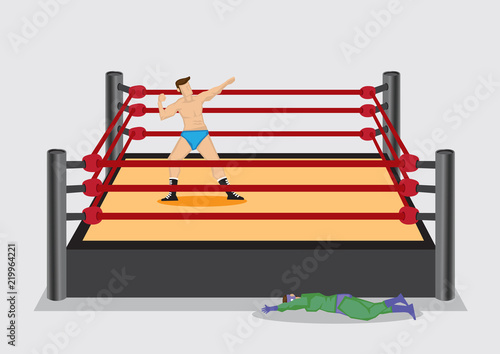 Winning Wrestler in Wrestling Ring Vector Cartoon Illustration