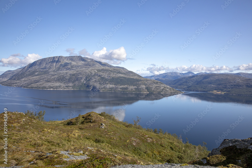 Happy hiking mountain Salbuhatten in Nordland county Northern Norway