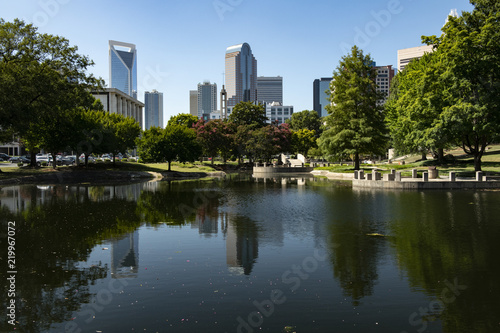 Downtown uptown Charlotte, North Carolina as viewed from Marshall Park on a clear summer day