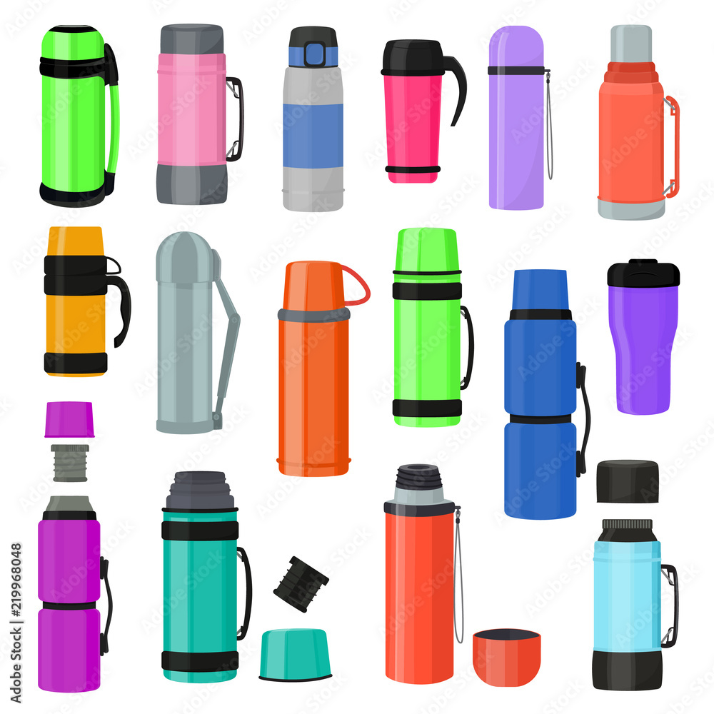 Thermos vector vacuum flask or bottle with hot drink coffee or tea illustration set of metal bottled container or aluminum mug isolated on white background Thermos vector vacuum flask or bottle with hot drink coffee or tea illustration set of metal bottled container or aluminum mug isolated on white background