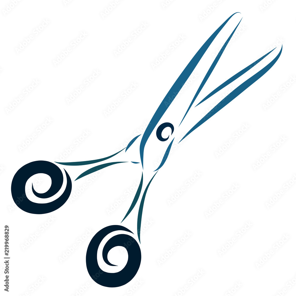 Fototapeta premium Blue sharp scissors, sketch with smooth lines