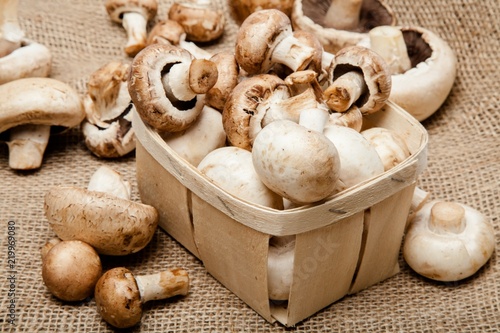 Champignons and Crimini Mushrooms in Basket on Canvas Background