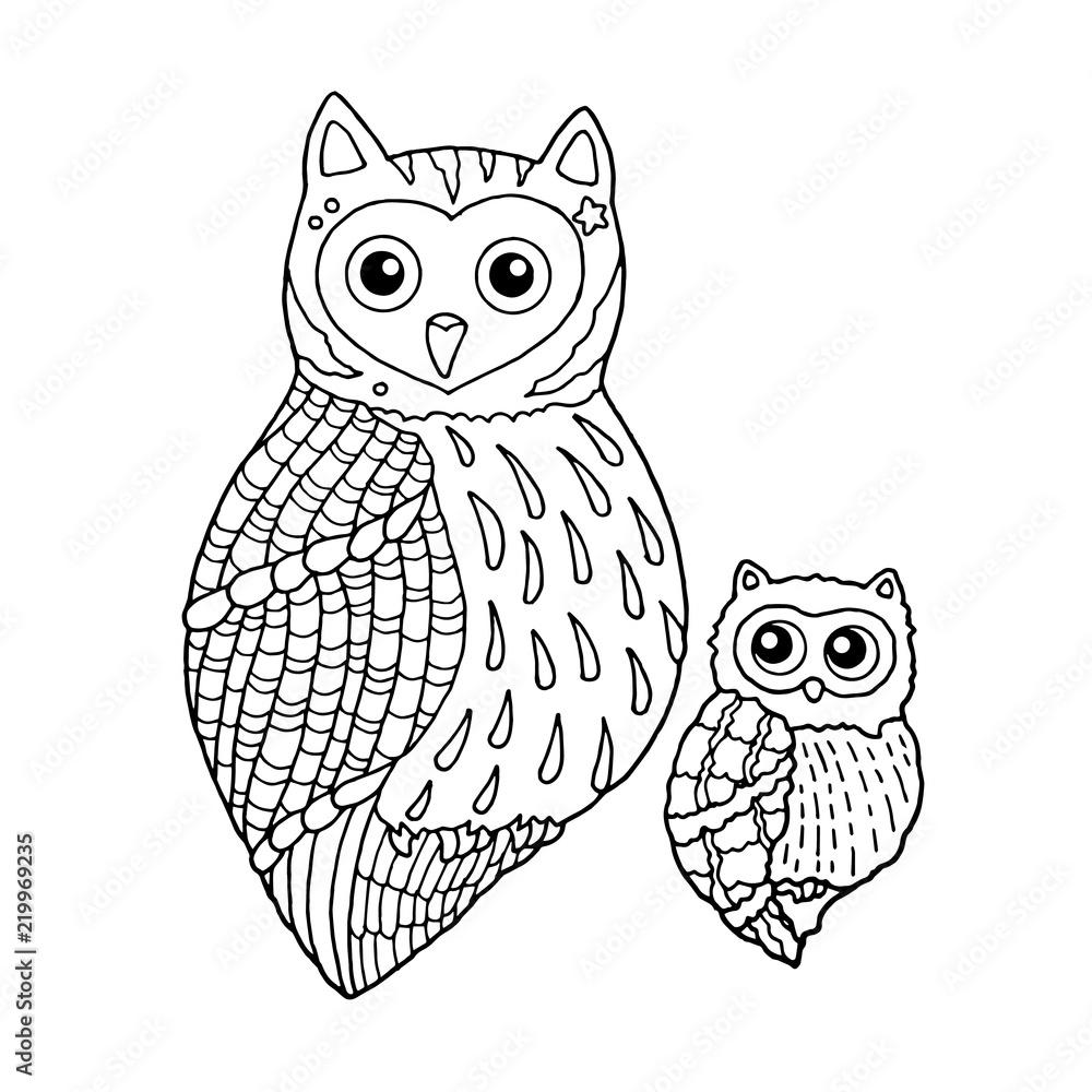 Naklejka premium mom and baby owls vector hand drawing doodle sketch line illustration design