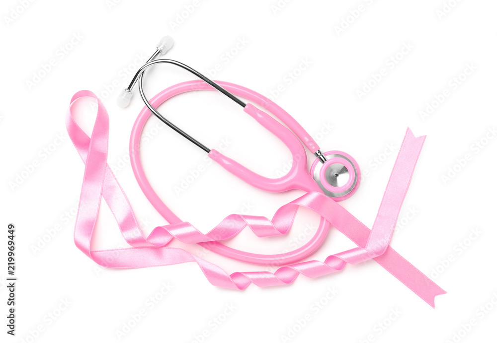 Pink ribbon and stethoscope on white background. Breast cancer awareness concept Pink ribbon and stethoscope on white background. Breast cancer awareness concept