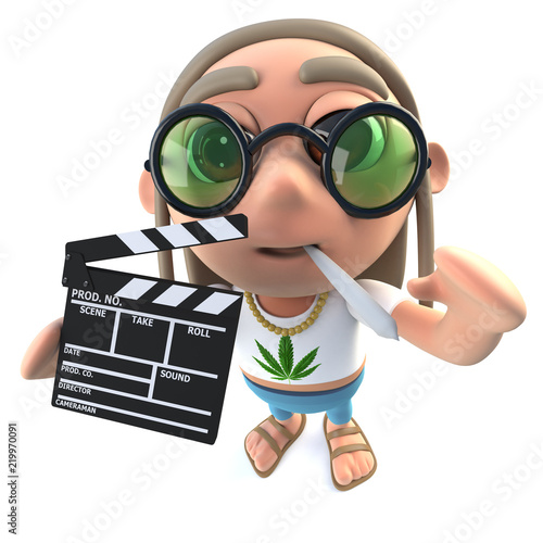 3d Funny cartoon hippy stoner character holding a movie makers chalk slate clapperboad photo