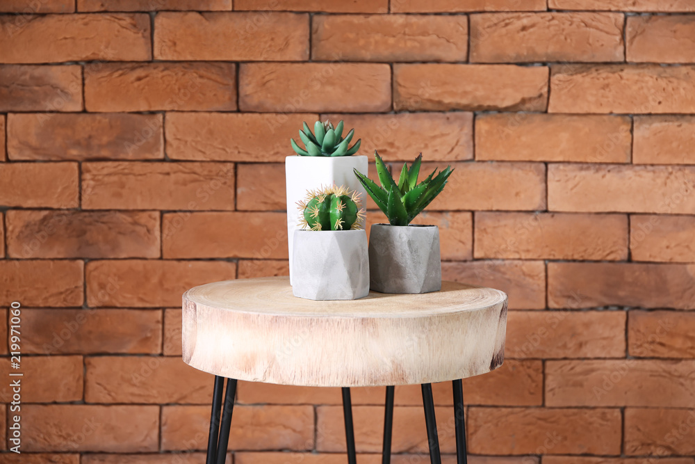 Different plants in pots on table near brick wall Different plants in pots on table near brick wall