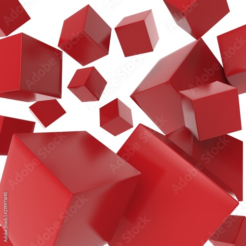 Red cubes 3d illustration .Flying cubes on a white background