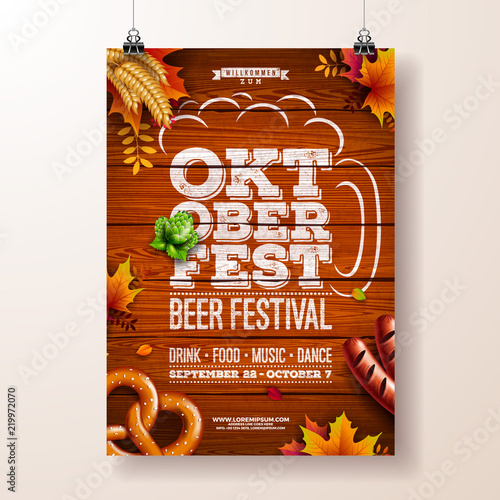 Oktoberfest poster vector illustration with typography letter, pretzel, sausage and falling autumn leaves on wood texture background. Celebration flyer template for traditional German beer festival.