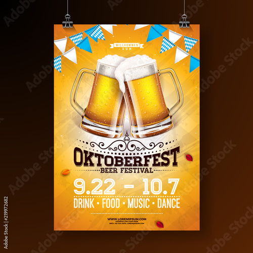 Oktoberfest party poster illustration with fresh lager beer and blue and white party flag on shiny yellow background. Vector celebration flyer template for traditional German beer festival.