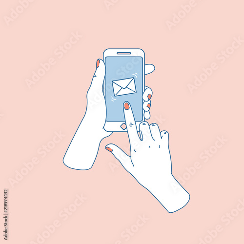 Woman hand with smartphone. New message. Social media notification. Vector illustration 