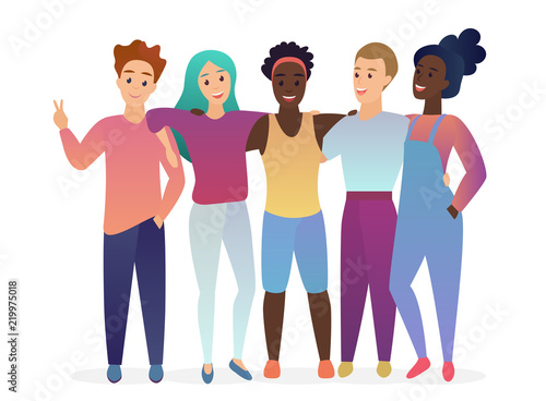 Group of young five happy posing, hugging and talking friends. People together. Friendship. Trendy gradient color vector illustration.