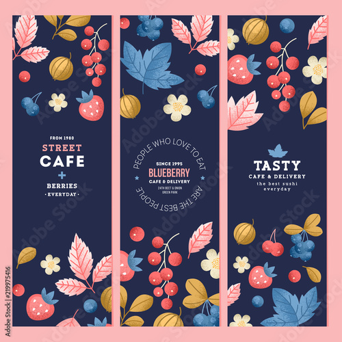 Wild berry banner collection. Forest berries fabric background. Vector illustration