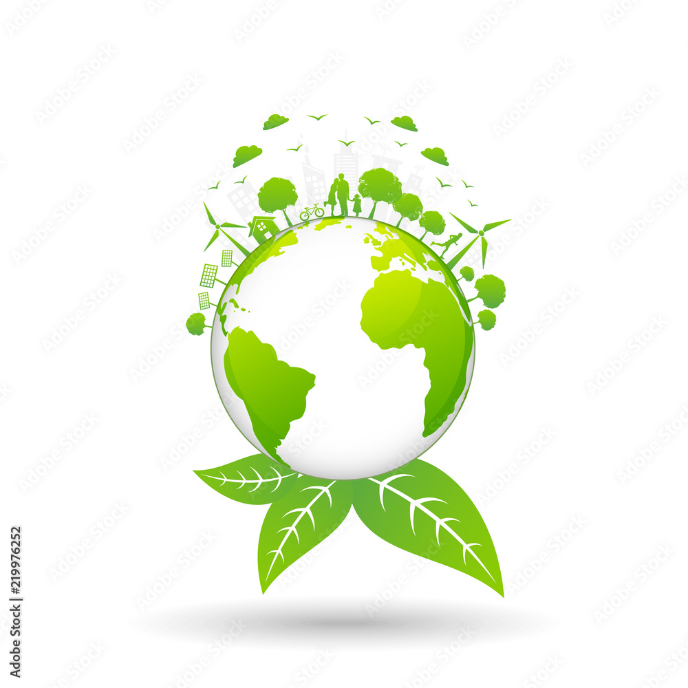 Ecology concept with green city on earth, World environment and sustainable development concept