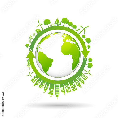 Ecology concept with green city on earth, World environment and sustainable development concept