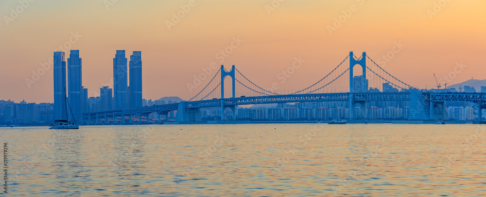 Colorful sunset over Gwangandaegyo (Diamond Bridge), a suspension bridge, Busan city, Korea