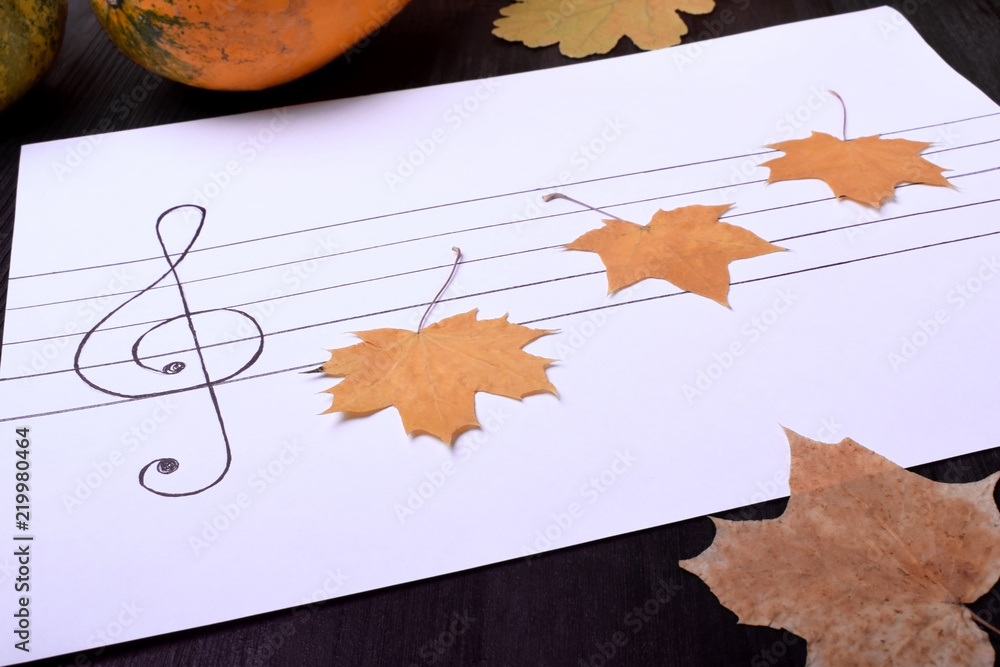 Fototapeta premium Little dry maple leaves on music staff. Autumn composition