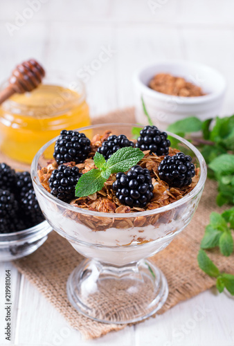 Delicious muesli dessert with blueberry. Healthy food