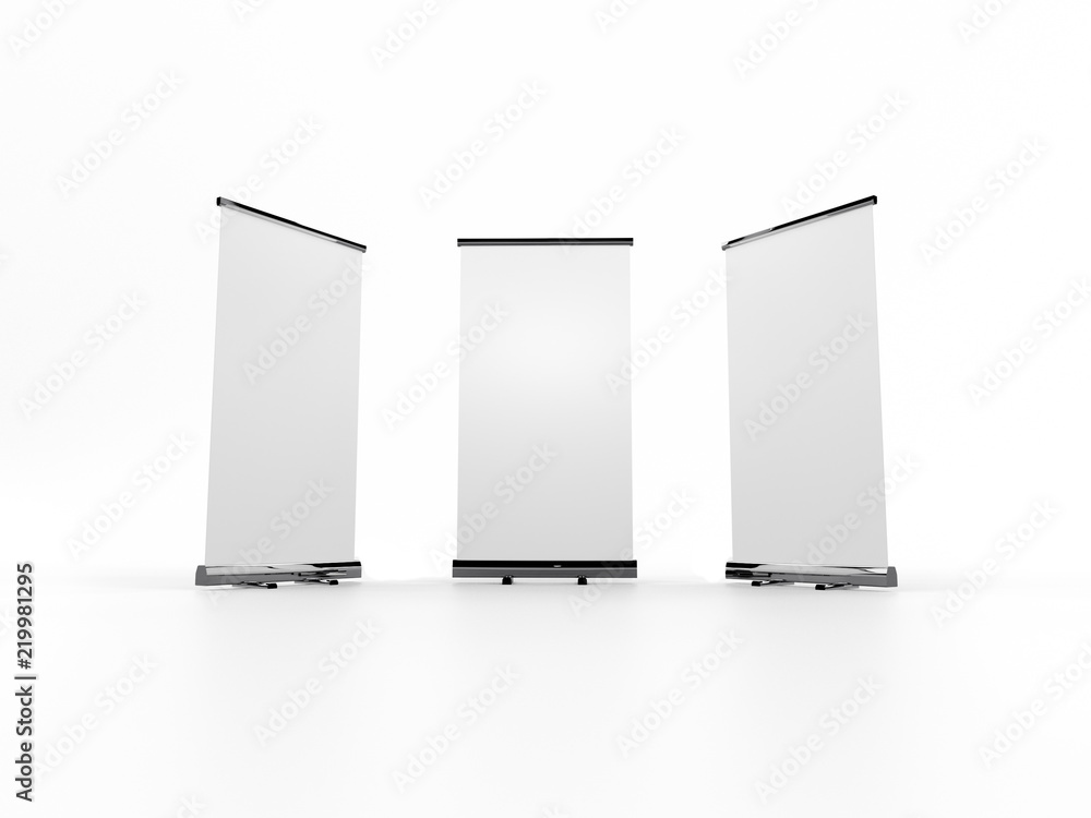 Outdoor Advertising Stand Banner (empty roll-up poster) - mockup template isolated on white background. 3D rendering Outdoor Advertising Stand Banner (empty roll-up poster) - mockup template isolated on white background. 3D rendering