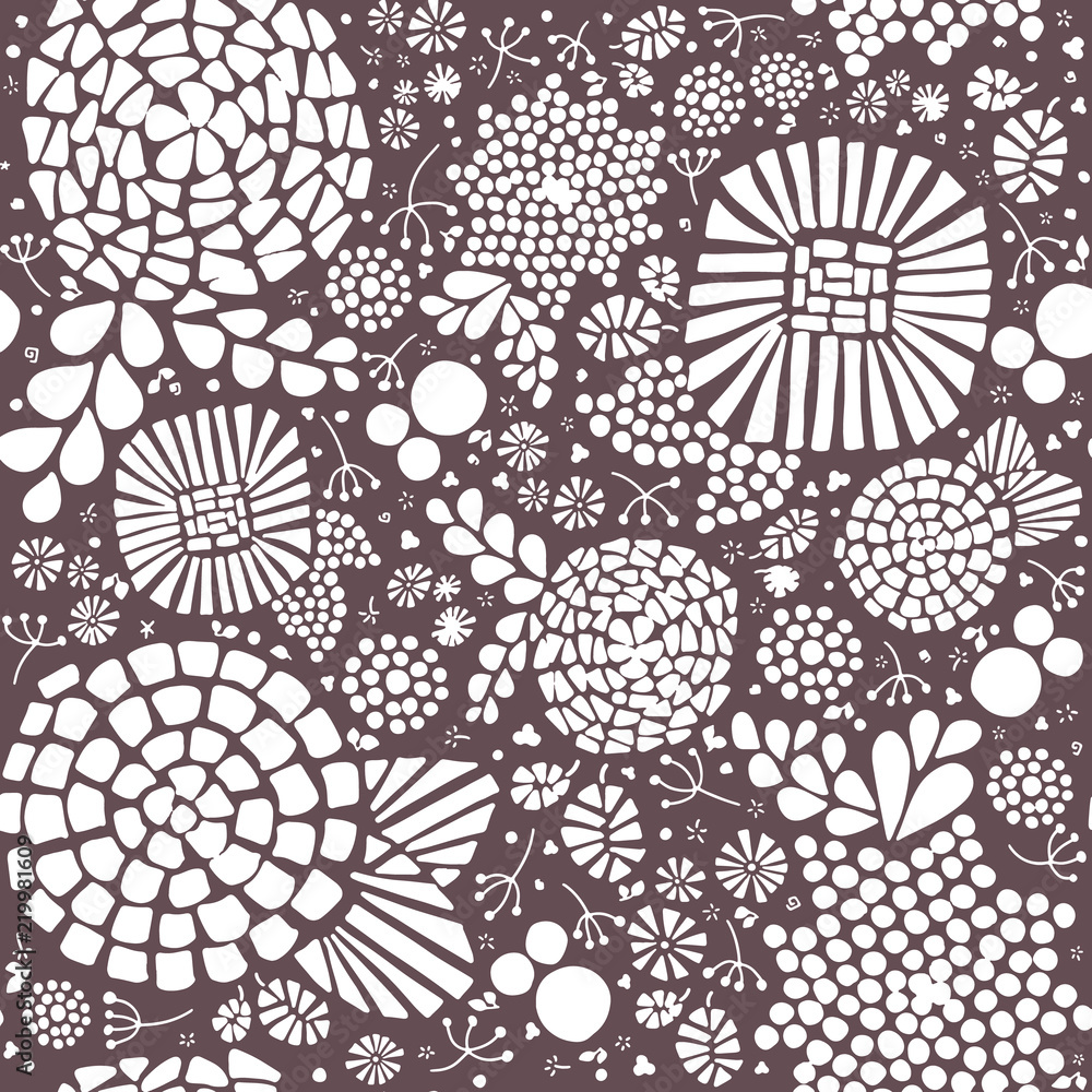Mosaic flowers seamless vector background pattern. Hand drawn white abstract florals and leaves on purple background. Great for home decor, fabric, paper projects, web banner, packaging, cards, autumn Mosaic flowers seamless vector background pattern. Hand drawn white abstract florals and leaves on purple background. Great for home decor, fabric, paper projects, web banner, packaging, cards, autumn