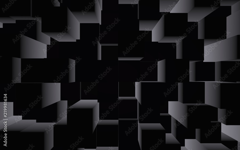 Abstract dark elegant cube geometric background. Chaotically advanced rectangular bars. 3D Rendering, 3D illustration