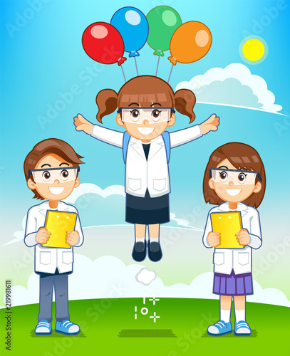 Fantasy experiment of lift body on the sky. Gravity Science  kids class. Impossible physics rules test.
