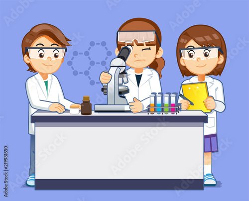 Science experiment of microscope by kids student. Research chemical and biology lab class.