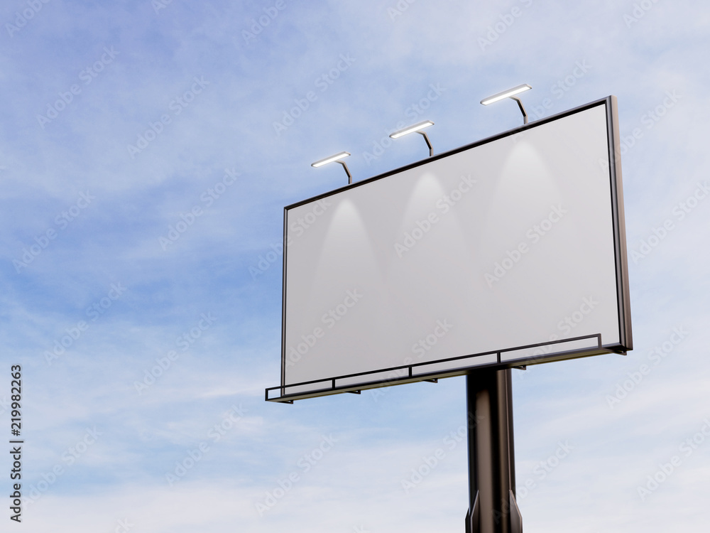 3D rendering of blank billboard (empty advertisement) with clouds. Empty mockup template 3D rendering of blank billboard (empty advertisement) with clouds. Empty mockup template