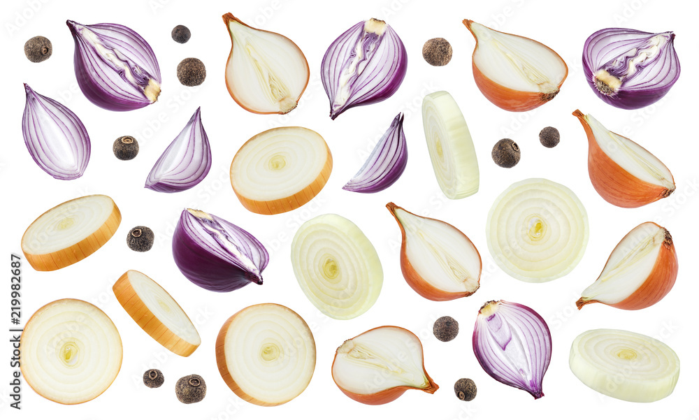 Onion slices and black pepper isolated on white background Onion slices and black pepper isolated on white background