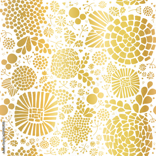 Gold foil mosaic flowers seamless vector background. Golden abstract florals and leaves on white background. Elegant, luxurious pattern for wallpaper, scrap booking, banners, packaging, wedding, party