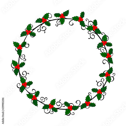 Christmas wreath frame with holly plant and decor elements. Wreath as design element, print, connected with winter holidays. Decor for invitations, greeting cards, posters, sales. Vector.
