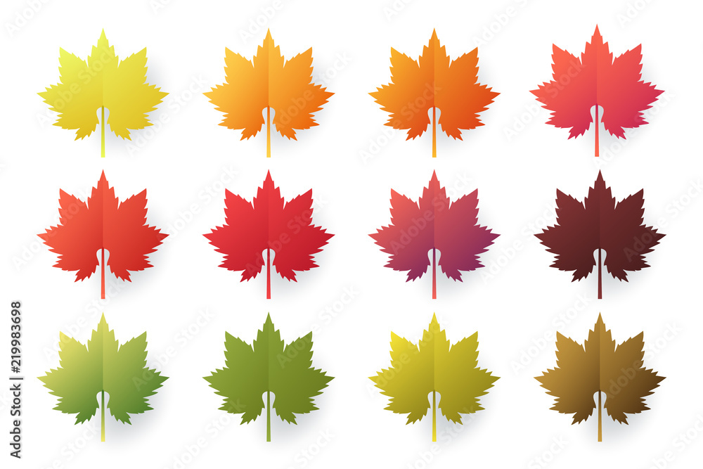 Colorful autumn leaves set isolated on white background. Paper cut 3d flat style, vector illustration Colorful autumn leaves set isolated on white background. Paper cut 3d flat style, vector illustration
