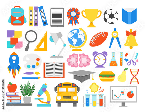 School icons on green cutting mat.Paper cut cartoon education supplies set in trendy craft style. Modern origami teaching and learning symbol design. Vector illustration.