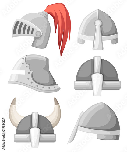 Medieval metal knight helmet collection. Silver colored armor. Warrior, knight, gothic , norman logo, emblem, symbol, sport mascot. Flat vector illustration isolated on white background