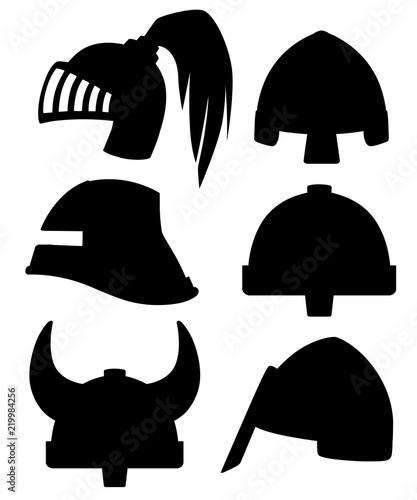 Black silhouette. Medieval metal knight helmet collection. Warrior, knight, gothic , norman logo, emblem, symbol, sport mascot. Flat vector illustration isolated on white background