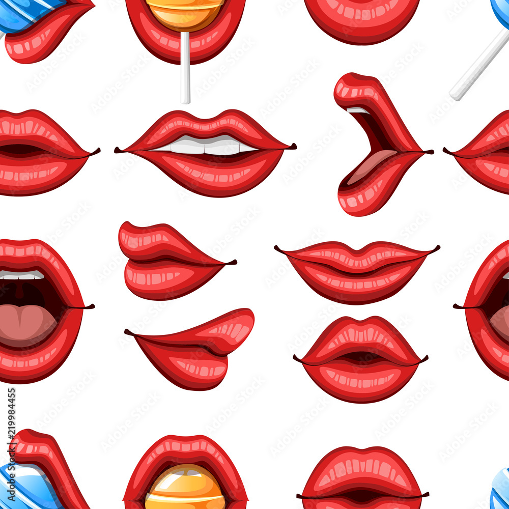 Seamless pattern. Collection of sexy red lips. Biting, kiss, smile, open and close. Lips with lollipop. Colorful icon. Flat vector illustration on white background Seamless pattern. Collection of sexy red lips. Biting, kiss, smile, open and close. Lips with lollipop. Colorful icon. Flat vector illustration on white background