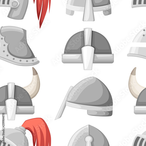 Seamless pattern. Medieval metal knight helmet collection. Silver colored armor. Warrior, knight, gothic , norman logo, emblem, symbol, sport mascot. Flat vector illustration on white background