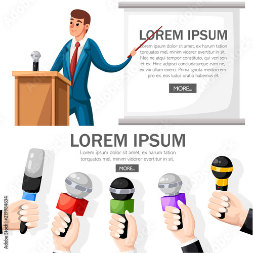 Man in suit stands at wooden tribune with microphone. Making a presentation with speech. Cartoon character design. Flat vector illustration on white background. Web site page and mobile app design